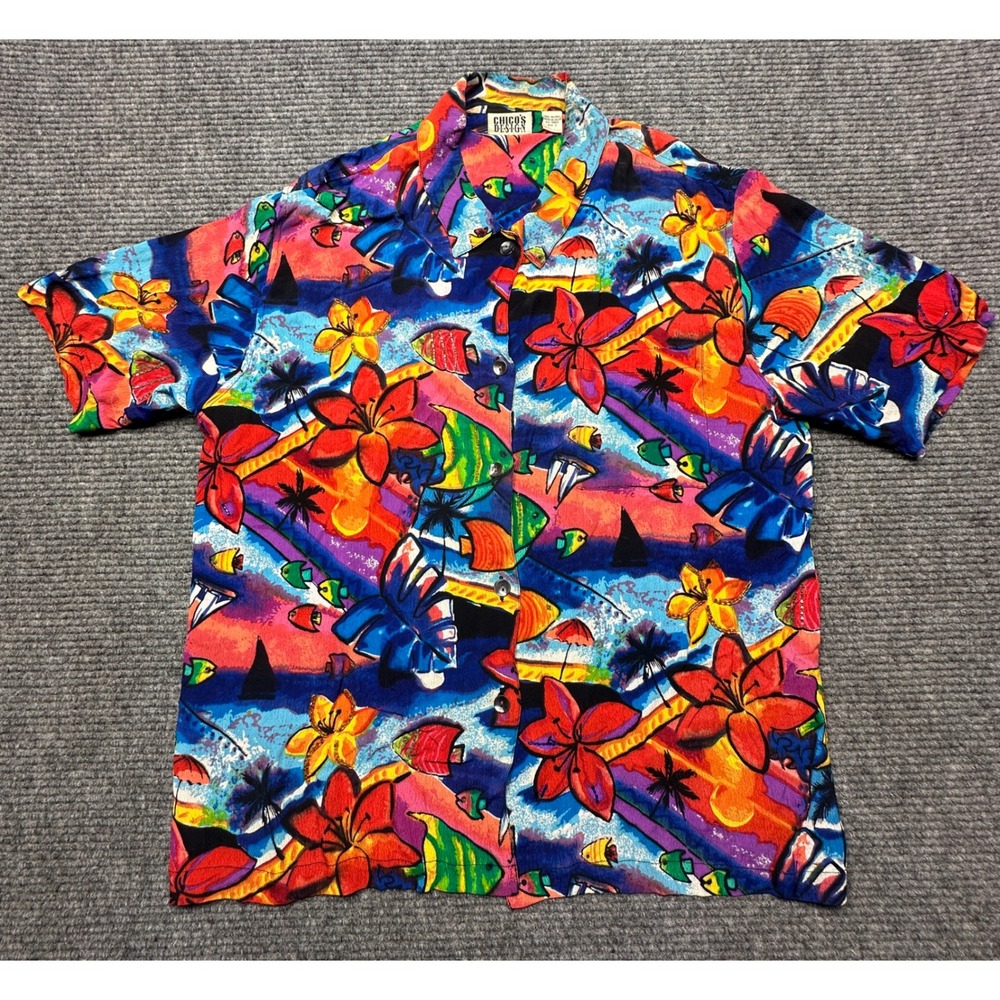 Chico's Design Button Shirt‎ Women Size 2 Multicolor Tropical Fish Beaded Rayon